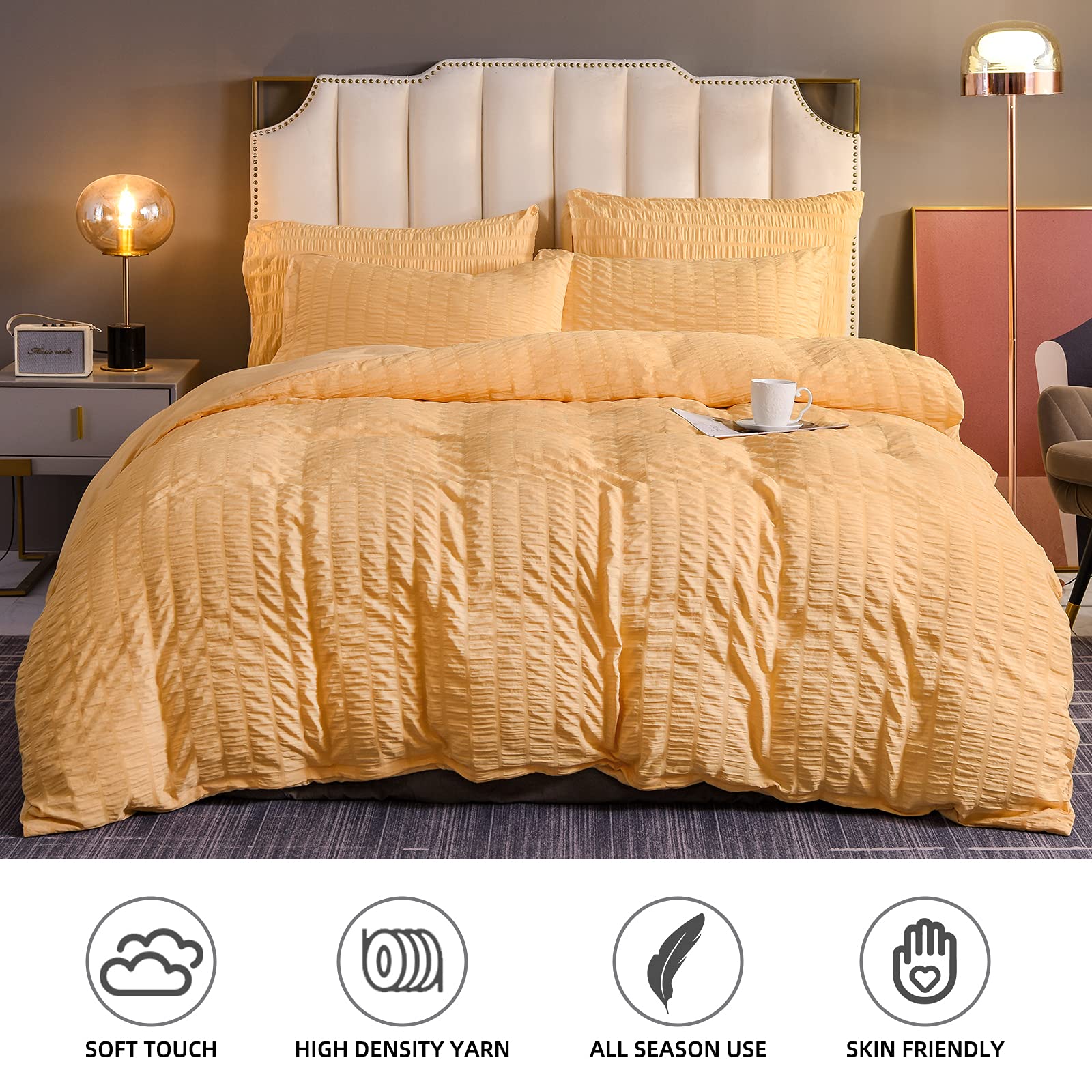 A Nice Night Seersucker Chic Comforter Set，Hotel Style Bedding Set,Soft Microfiber and Durable Bedding Set for All Seasons (Yellow, Queen(88-by-88-inches))