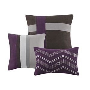 Madison Park Palisades Comforter Set Modern Faux Suede Pieced Stripe Design, All Season Down Alternative Cozy Bedding with Matching Shams, Decorative Pillows, Queen(90"x90"), Purple 7 Piece