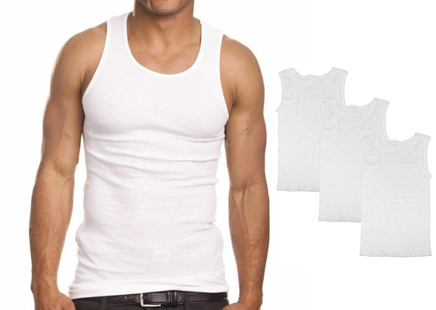 Goyoma 3 Packs Mens 100% Cotton Tank Top White/Black Wife Beater A-Shirt Undershirt (M, White)