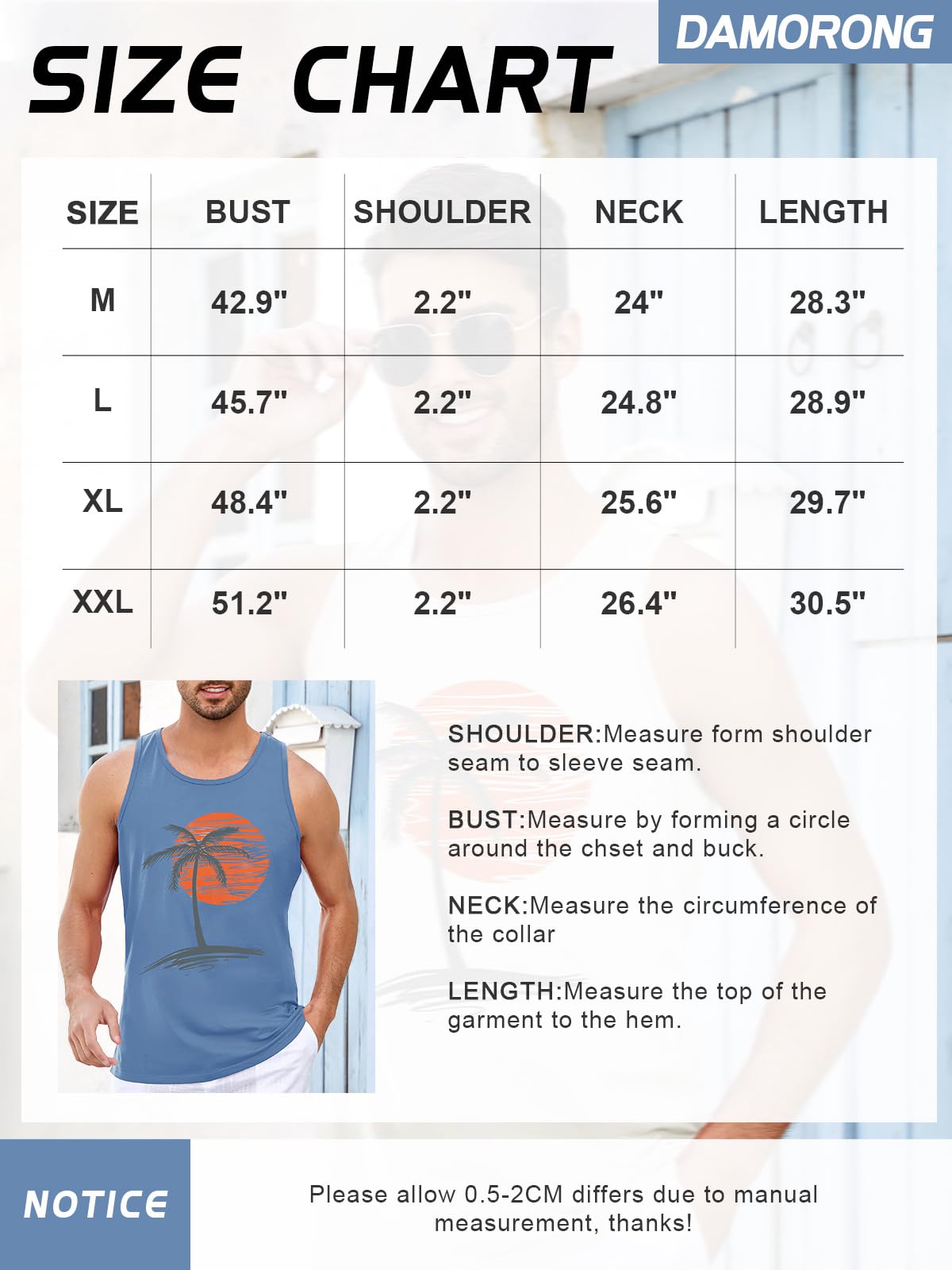 Damorong Mens Sleeveless Tank Tops Workout Gym Shirts Palm Tree Vintage Style T-Shirt Blue