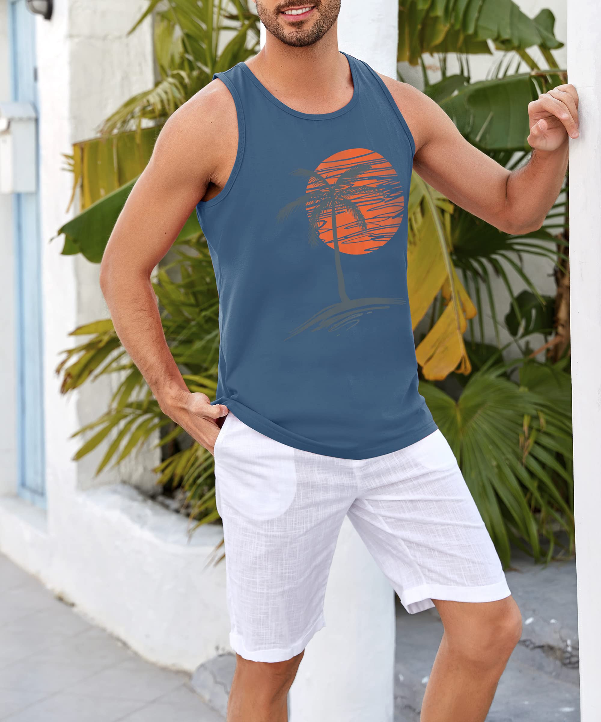 Damorong Mens Sleeveless Tank Tops Workout Gym Shirts Palm Tree Vintage Style T-Shirt Blue