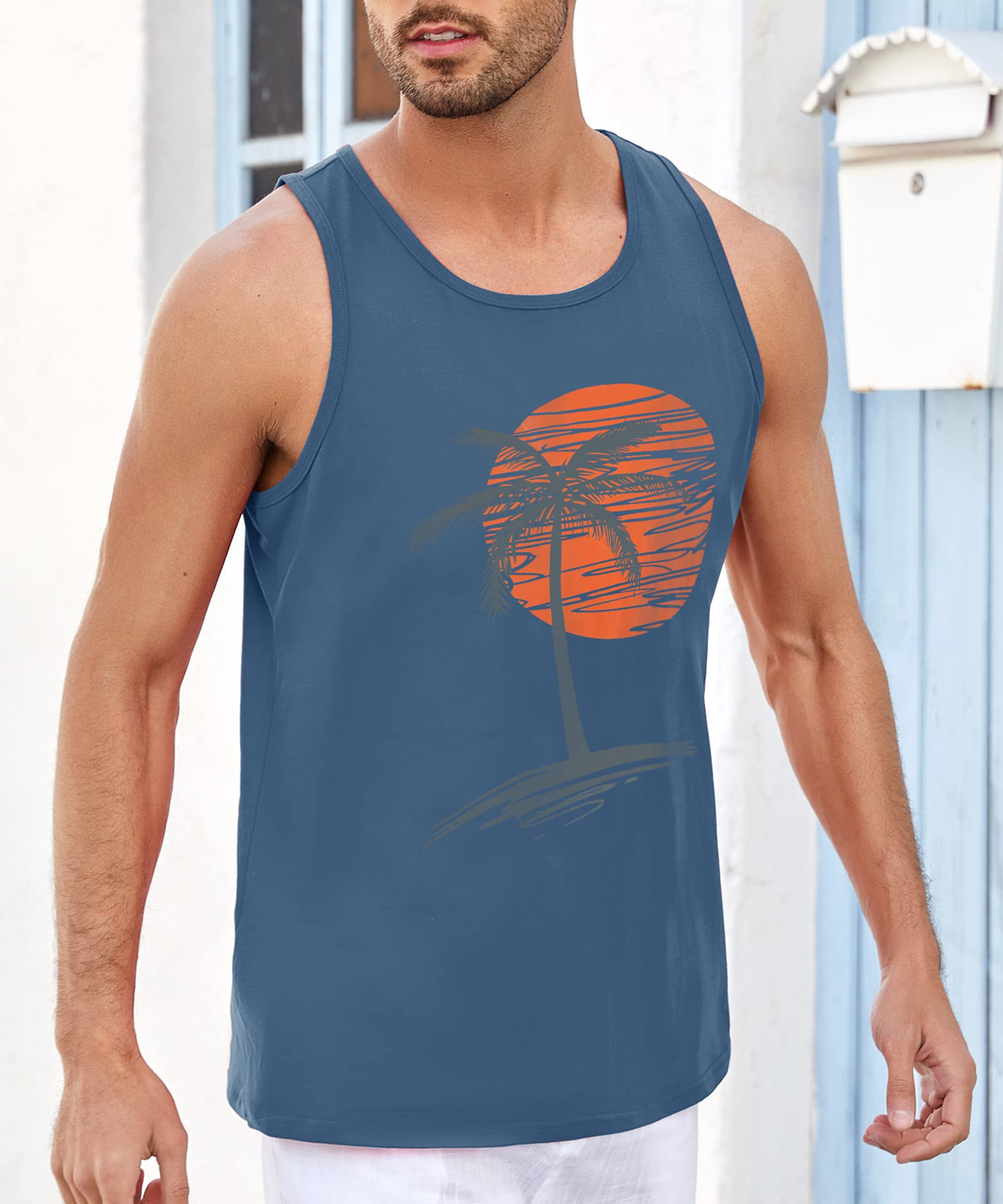 Damorong Mens Sleeveless Tank Tops Workout Gym Shirts Palm Tree Vintage Style T-Shirt Blue