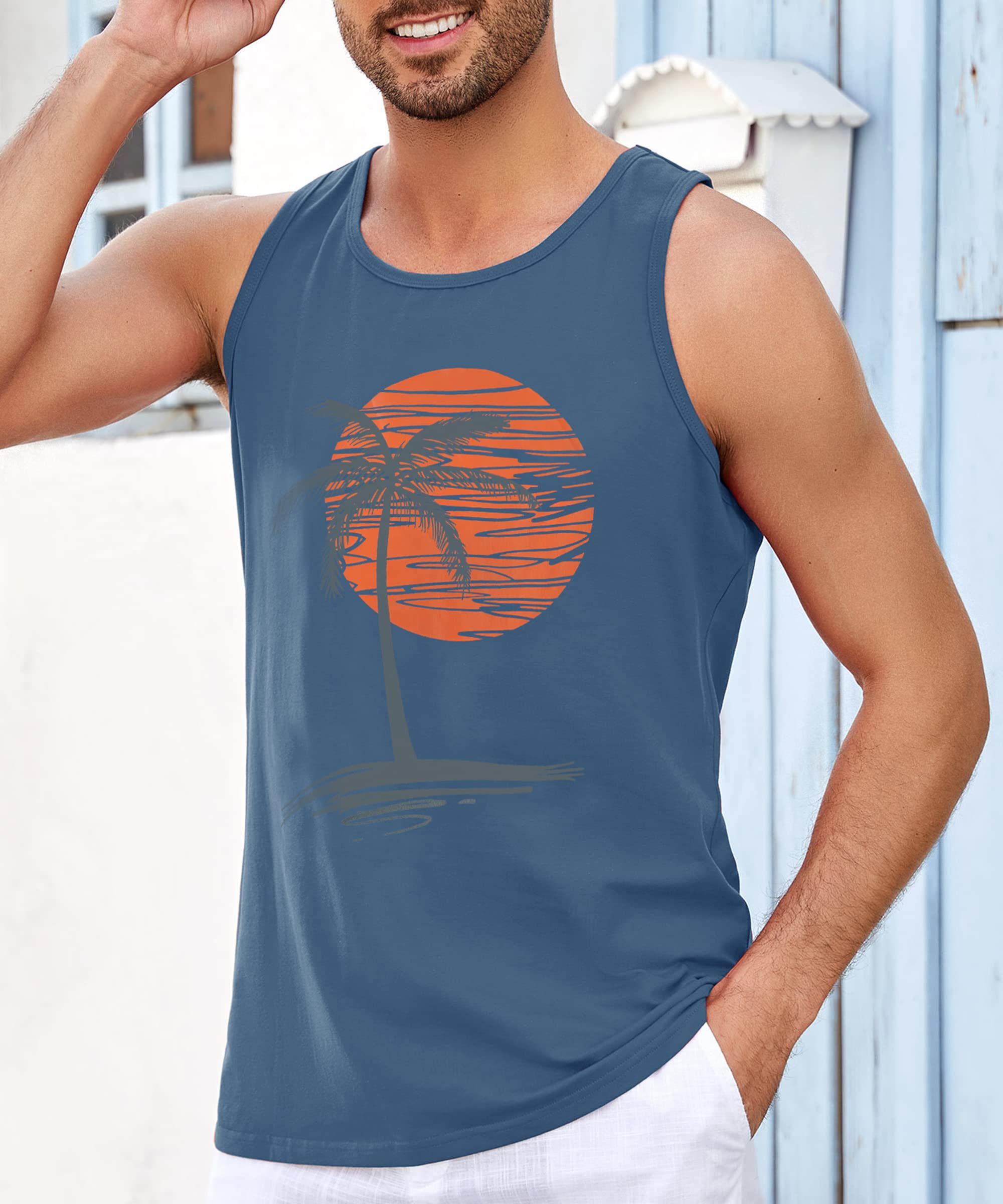 Damorong Mens Sleeveless Tank Tops Workout Gym Shirts Palm Tree Vintage Style T-Shirt Blue