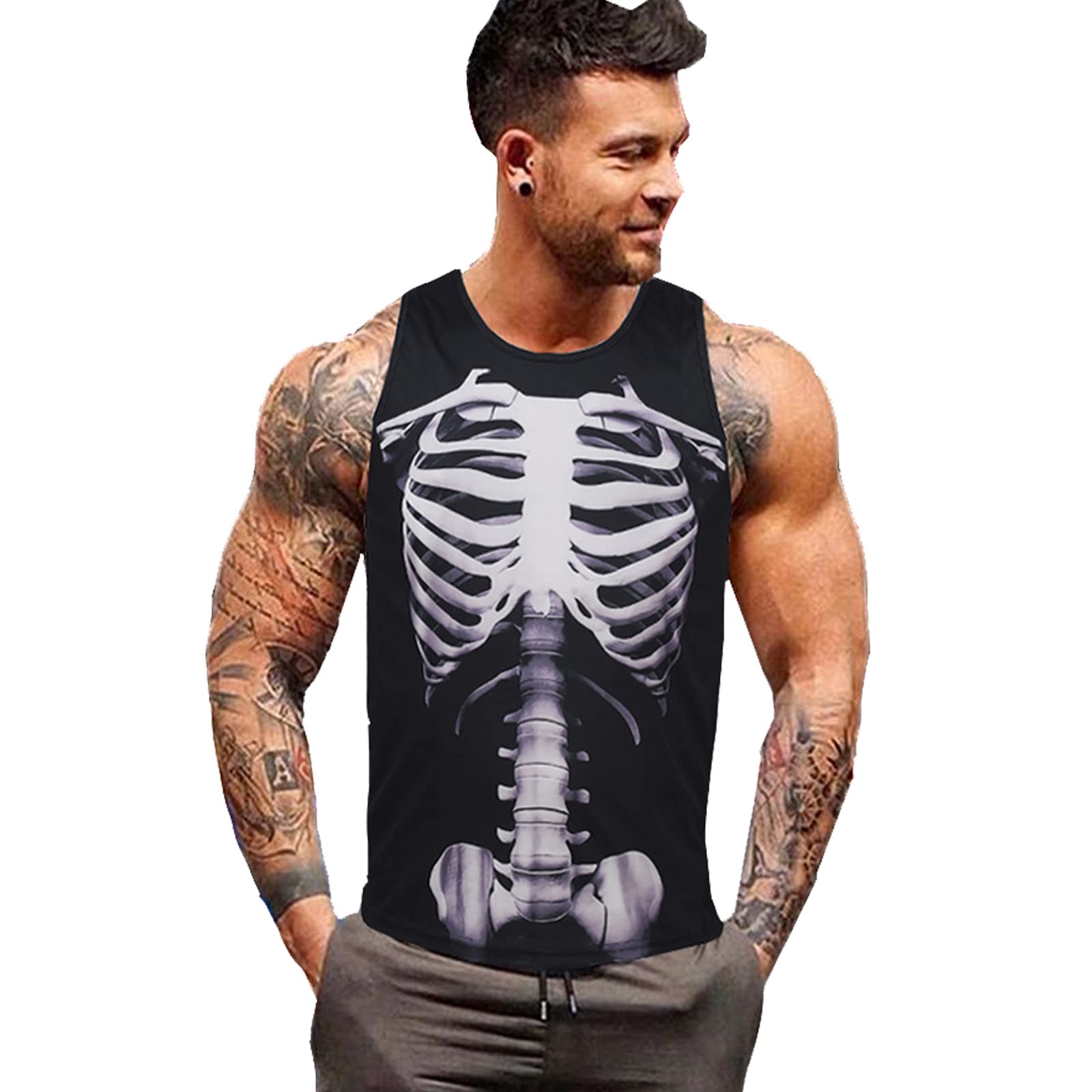 GRAJTCIN Mens Workout Muscle Tank Tops Sports Outfit Fitness Running Tank Top Undershirts for Men Skeleton Shirts Summer Sleeveless Tee Black M