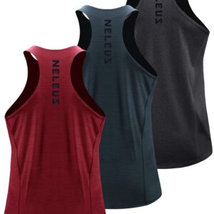 NELEUS Men's 3 Pack Running Tank Top Dry Fit Y-Back Athletic Workout Tank Tops,5069,Grey Black,Slate Gray,Red,US L,EU XL