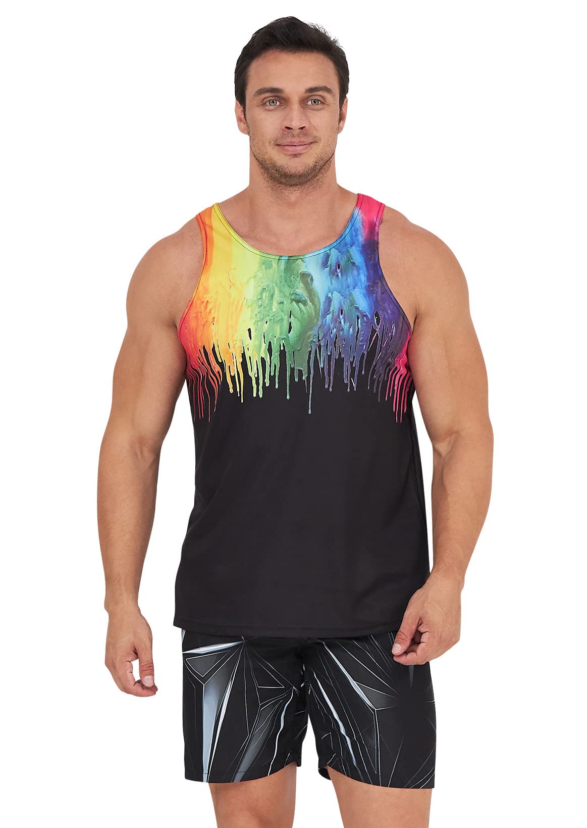 Loveternal Guys Rainbow Pride Tank Tops for Men Summer Novelty Outfits Youth Black Tank Tops Colorful Melting Graffic 3D Printed Workout Soft Quick Dry Underwear L