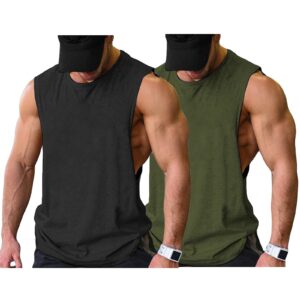 coofandy mens tank tops workout fitness shirt bodybuilding 2 pack cut off, black/army green(2pcs), x-large, sleeveless