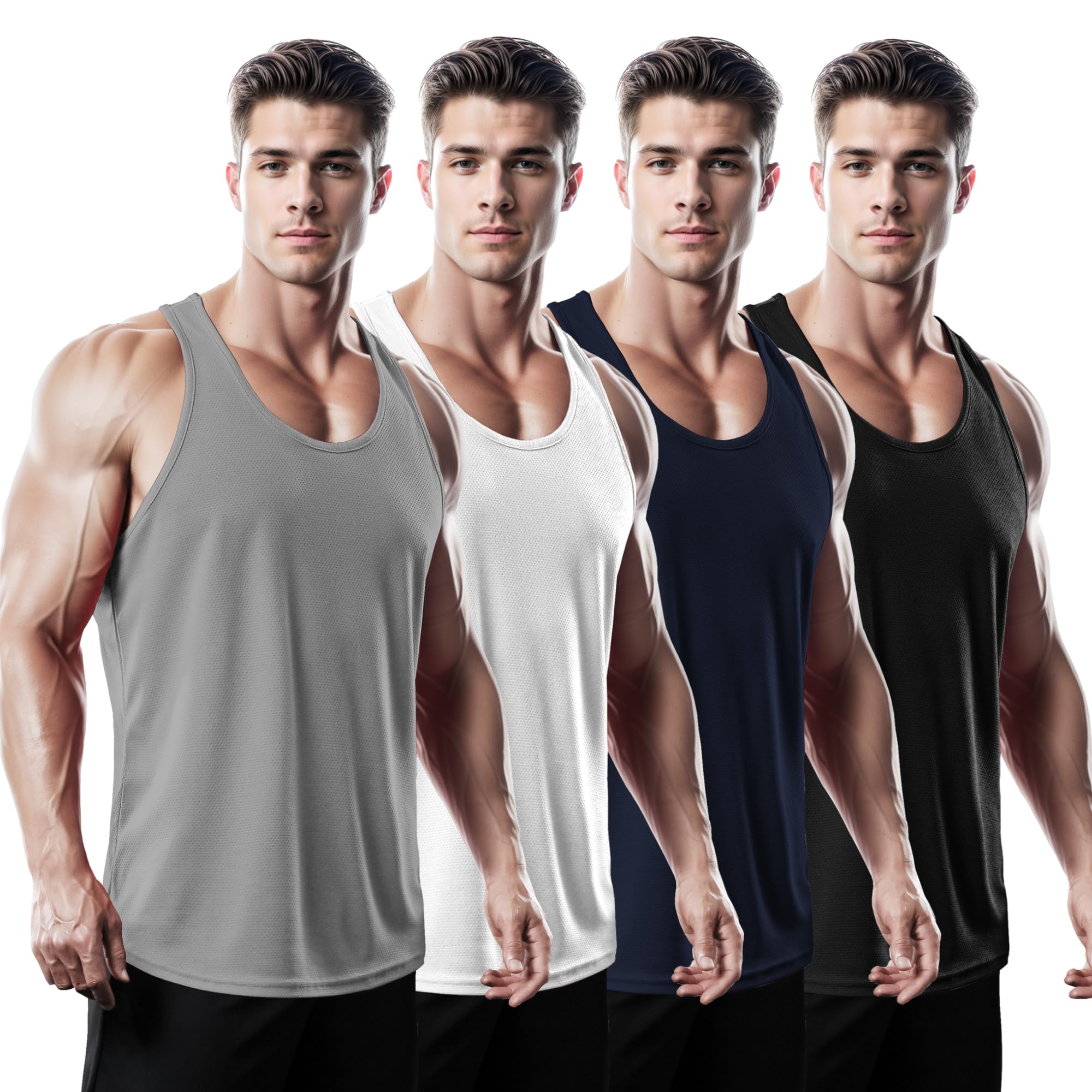 DRSKIN Men's 4-Pack Dry Fit Y-Back Muscle Tank Tops, Gym Bodybuilding Training, Athletic Workout Cool Shirts (BTF-ME-TA, M)