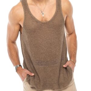 Lanliun See Through Sleeveless Tank Tops for Men Casual Unique Workout Outdoor T Shirts Gym Muscle Shirts Brown