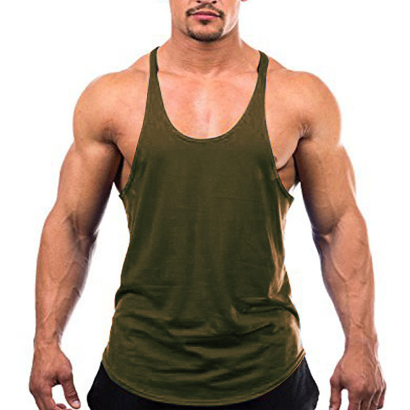 ZUEVI Men's Stringer Tank Tops Muscule Cut Bodybuilding Gym Vest Y-Back Workout Sleeveless T-Shirt(Army Green-XXL)