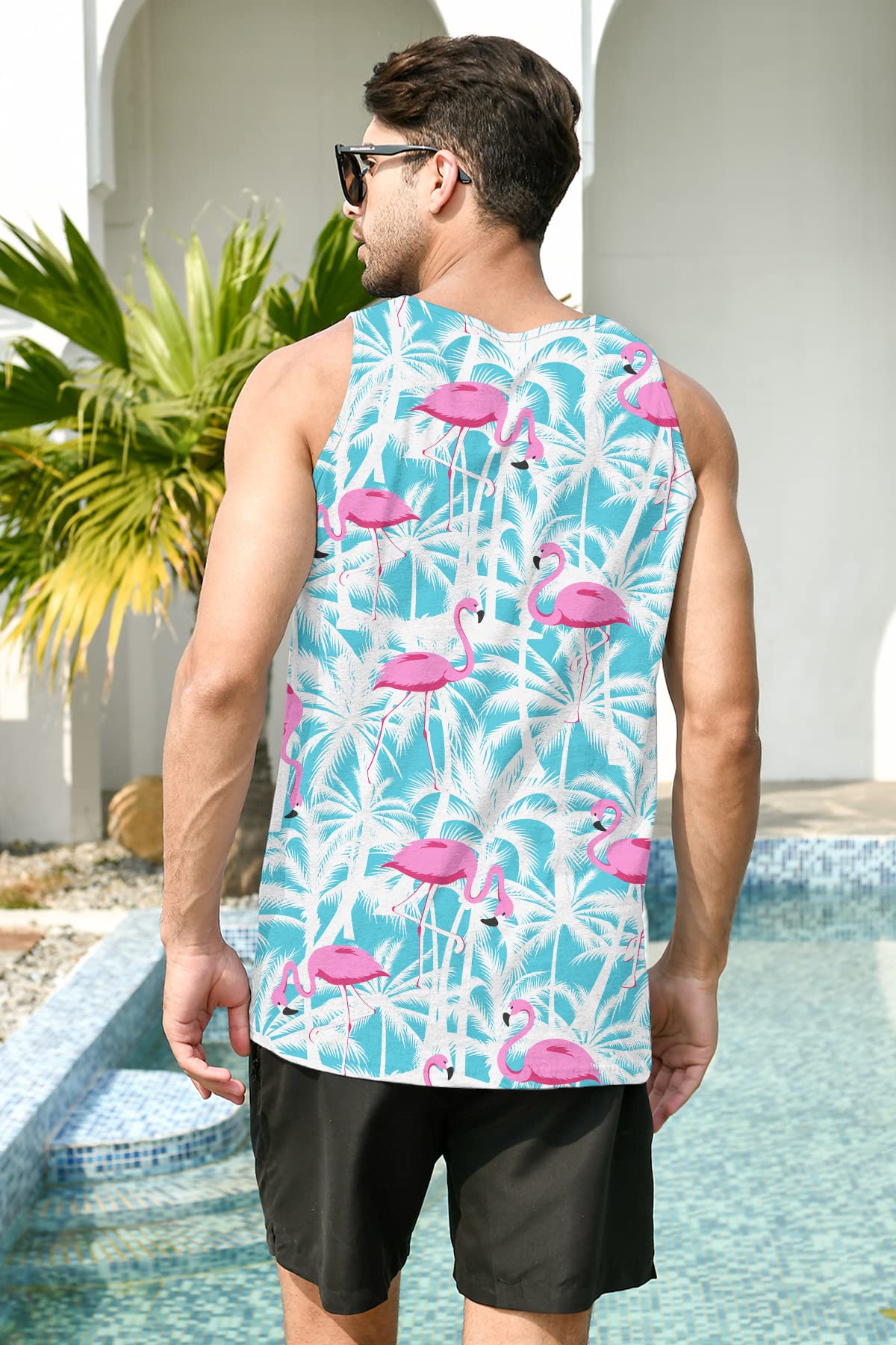 RAISEVERN Mens Flamingo Tank Top Sleeveless Palm Tree Tee Shirt Muscle Gym Workout Hawaiian Tropical Graphic Tops Summer Holiday Beach Rave T-Shirt Pink