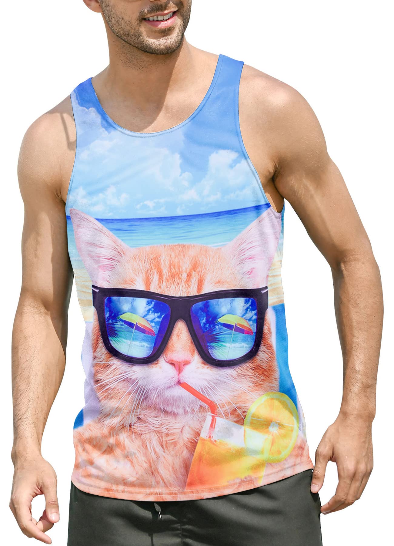 Goodstoworld Men Beach Tanks Tops 3D Printed Boys Fashion Sleeveless Shirts Juniors Hawaii Graphic 2022 Party Beach Glasses Cat T Shirt Tee