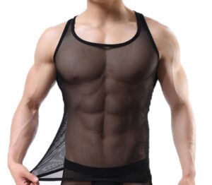 ouye men's mesh see-through tank top vest , black, us l - (tag asian 3xl)
