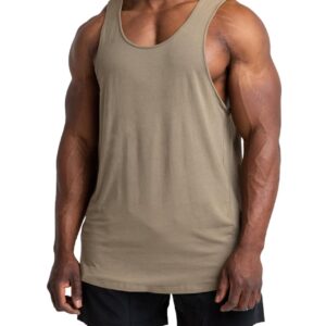 ZIWOCH Mens Workout Stringer Tank Tops Gym Muscle Sleeveless Cotton Shirt Training Bodybuilding Vest Khaki