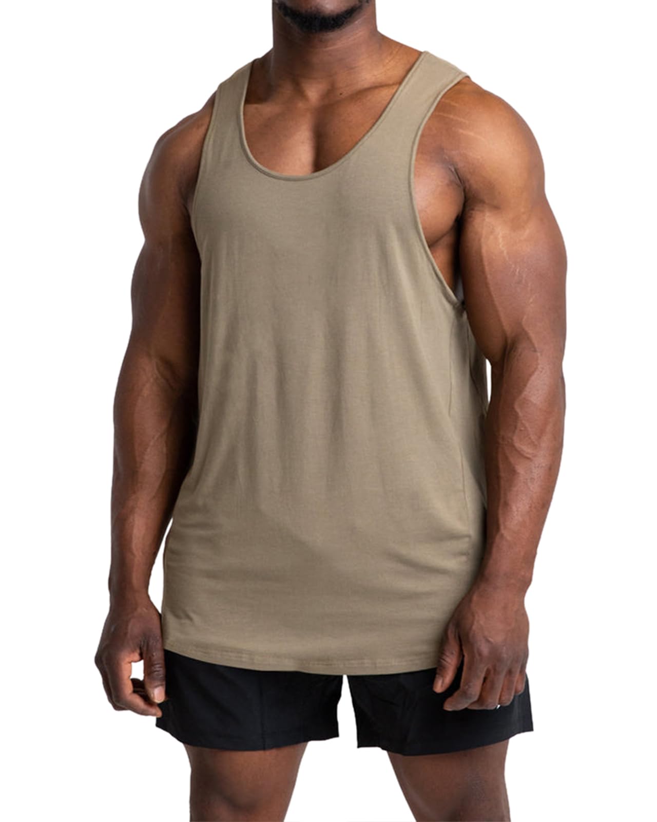 ZIWOCH Mens Workout Stringer Tank Tops Gym Muscle Sleeveless Cotton Shirt Training Bodybuilding Vest Khaki