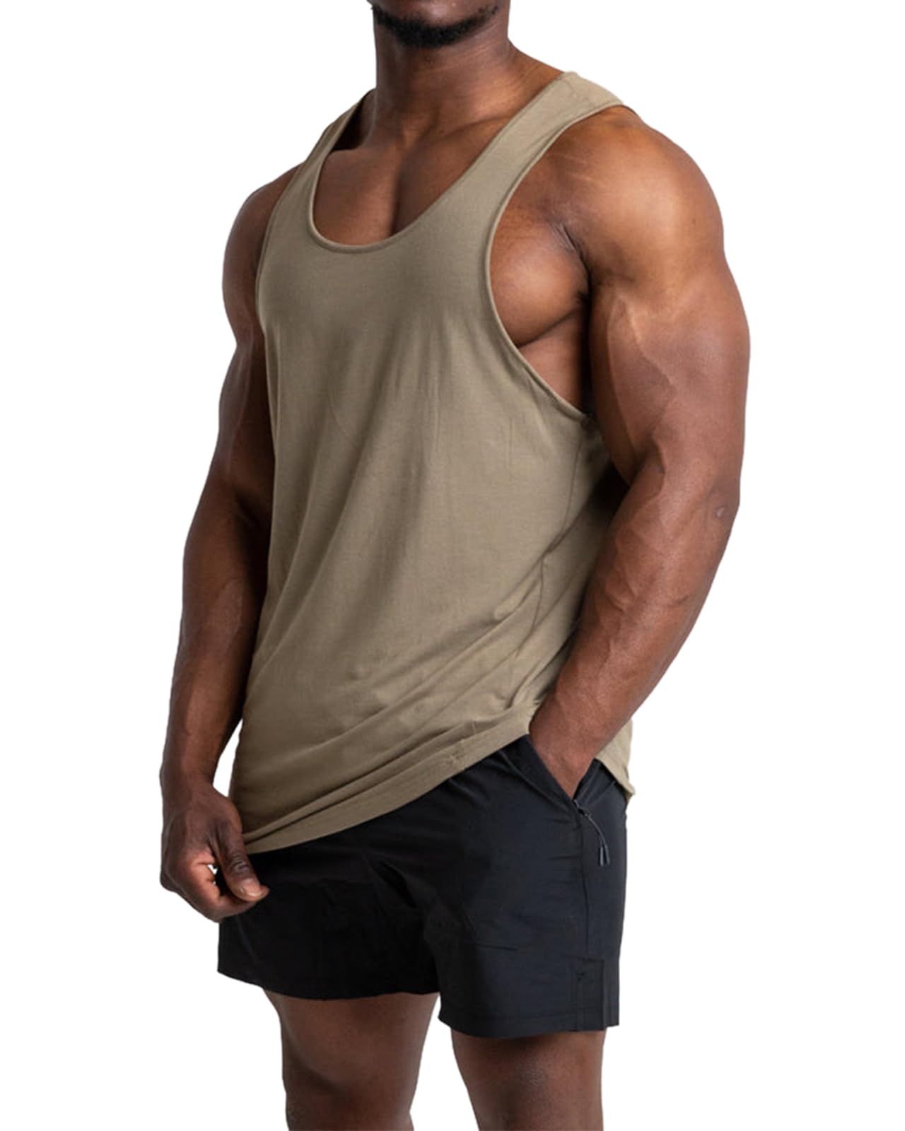 ZIWOCH Mens Workout Stringer Tank Tops Gym Muscle Sleeveless Cotton Shirt Training Bodybuilding Vest Khaki