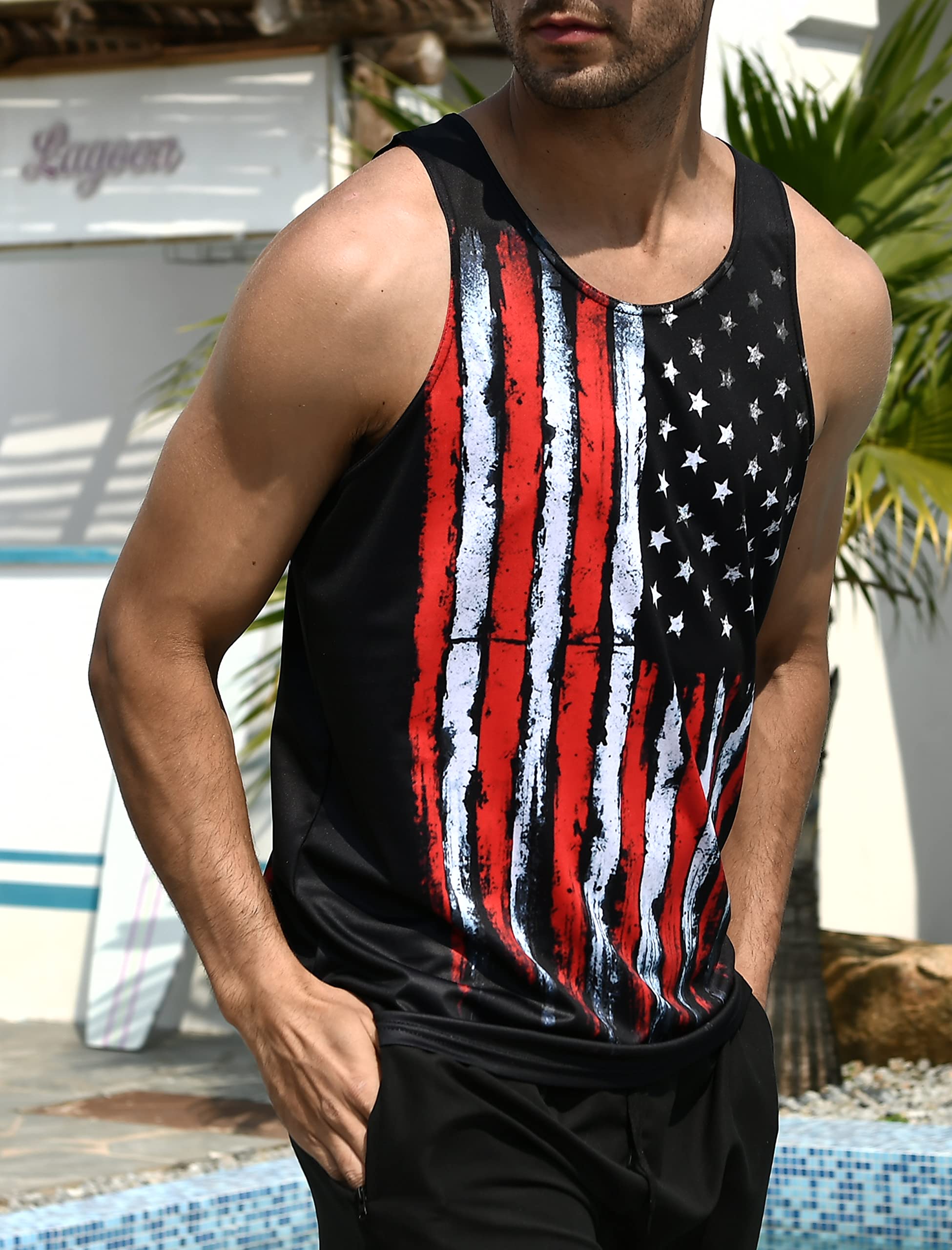 RAISEVERN 4th of July Mens Tank Tops American Flag Sleeveless Shirt Old Stripe and Stars Black Summer Cool USA Patriotic Tee Workout Athletic Training Sports Undershirts