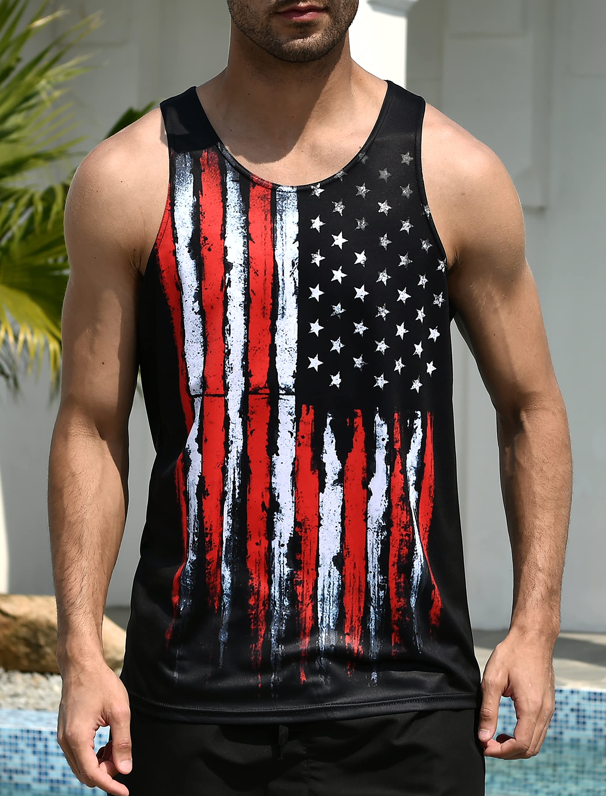 RAISEVERN 4th of July Mens Tank Tops American Flag Sleeveless Shirt Old Stripe and Stars Black Summer Cool USA Patriotic Tee Workout Athletic Training Sports Undershirts