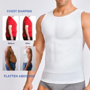 Mens Compression Shirt Workout Tank Tops Slimming Body Shaper Vest Abs Abdomen Undershirts (White, Small)