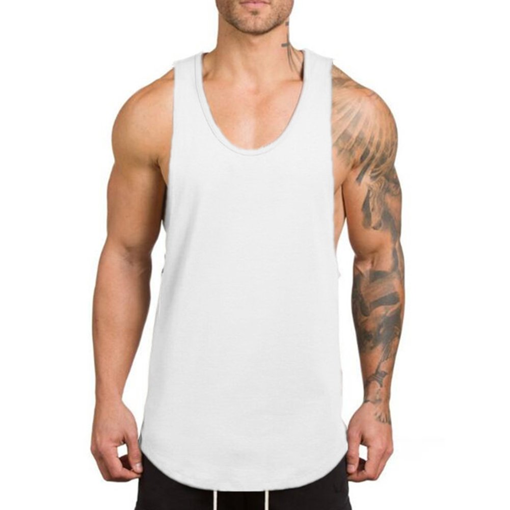 ZUEVI Muscle Tank Tops for Men Cut Open Sides Bodybuilding Vest Gym Workout Stringer T-Shirts (White-L)