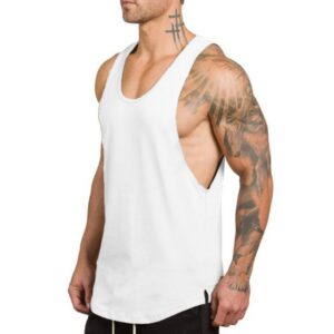 ZUEVI Muscle Tank Tops for Men Cut Open Sides Bodybuilding Vest Gym Workout Stringer T-Shirts (White-L)