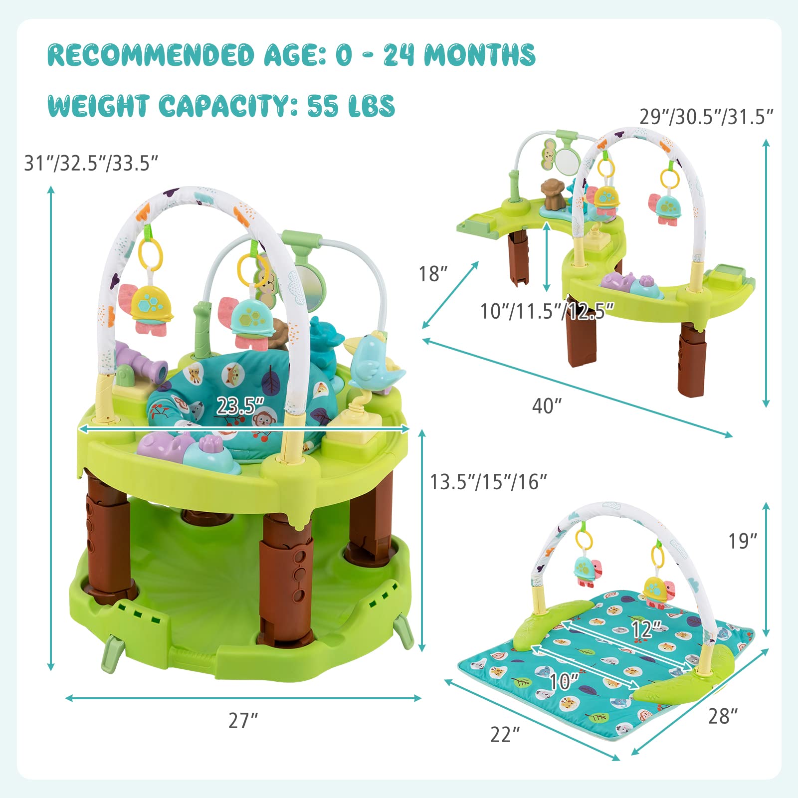 BABY JOY Baby Bouncer Activity Center, 3 in 1 Activity Center & Table | Infant Play Mat, Bouncing Activity Saucer w/Music, 3 Adjustable Height, 360° Seat, Exersaucer for Babies 0-24 Months (Green)