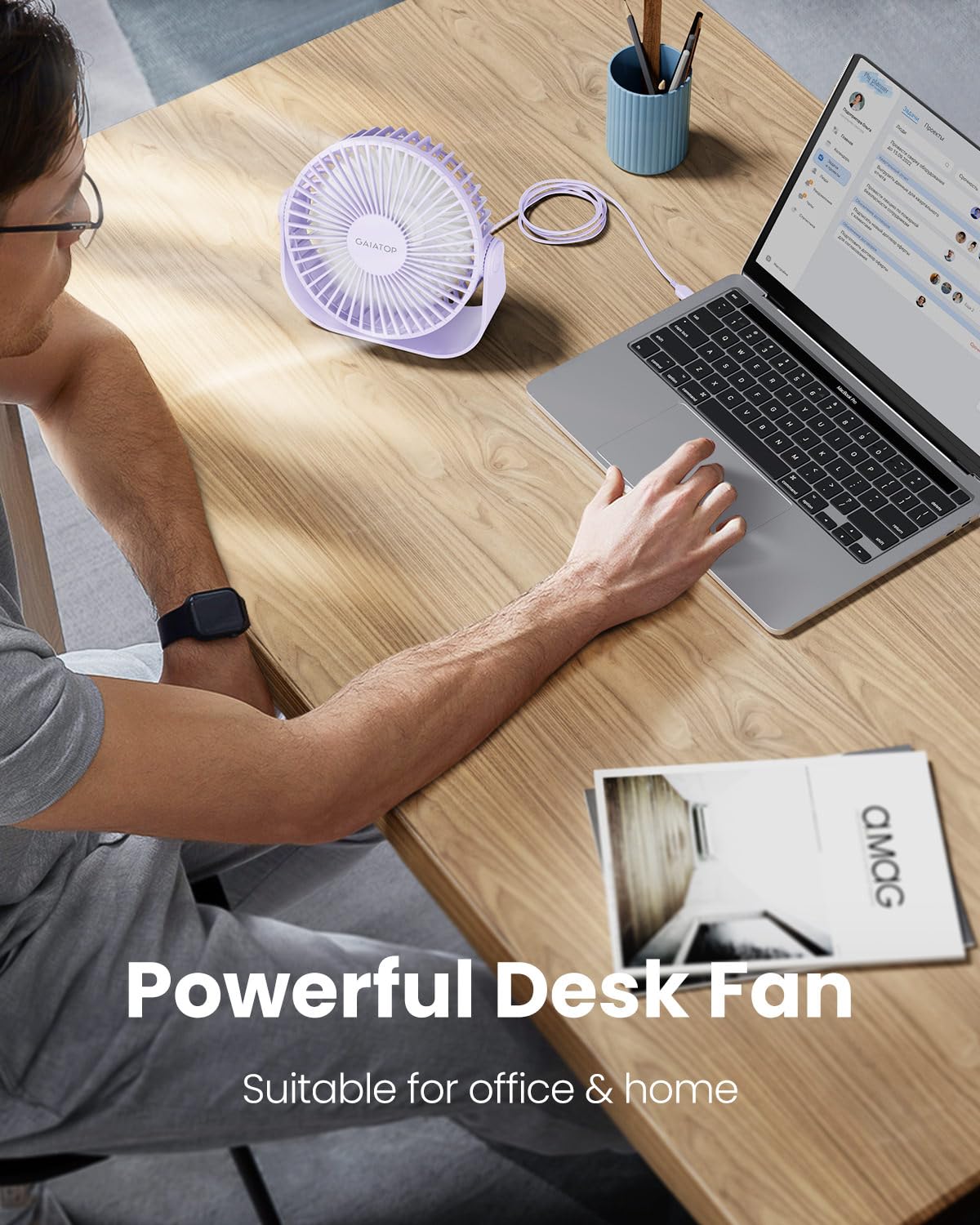 Gaiatop USB Desk Fan, 3 Speeds Portable Small Fan with Strong Airflow, 5.5 Inch Quiet Table Fan, 90° Rotate Personal Cooling Fan For Bedroom Home Office Desktop Travel (Purple)