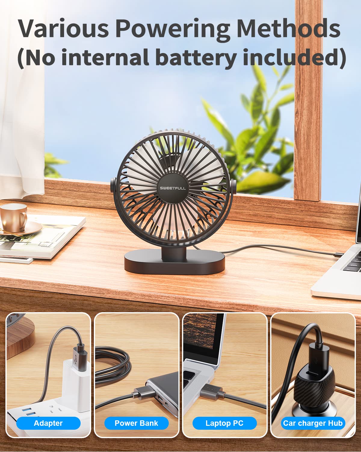 SWEETFULL USB Desk Fan Small Quiet - 3 Speeds Mini Personal Portable Fan 360° Rotation Adjustable, 6 Inch Office Table Cooling Gadgets on Desktop (Black)