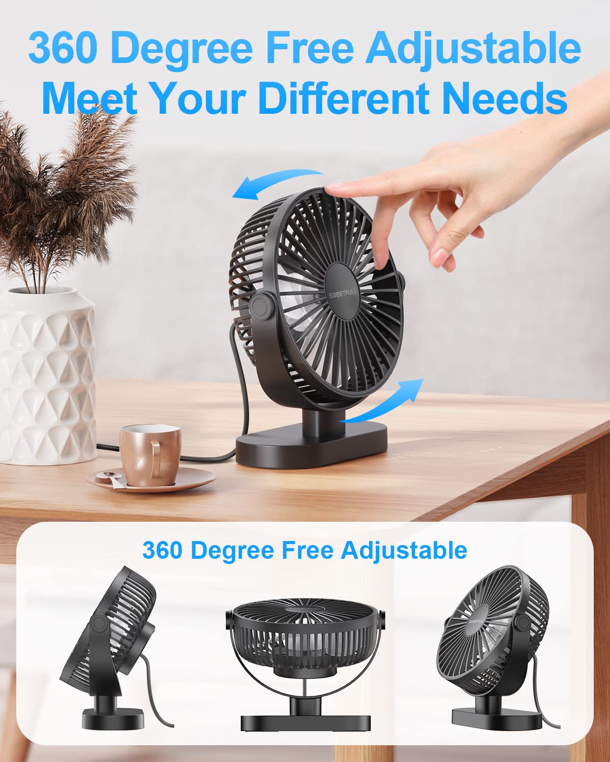 SWEETFULL USB Desk Fan Small Quiet - 3 Speeds Mini Personal Portable Fan 360° Rotation Adjustable, 6 Inch Office Table Cooling Gadgets on Desktop (Black)