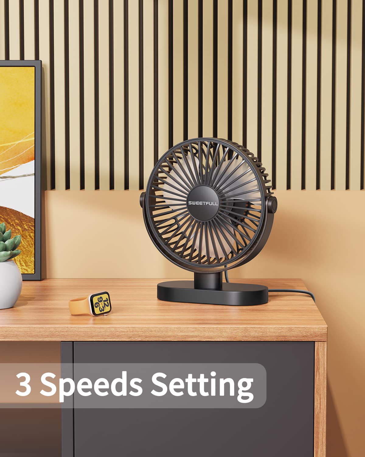 SWEETFULL USB Desk Fan Small Quiet - 3 Speeds Mini Personal Portable Fan 360° Rotation Adjustable, 6 Inch Office Table Cooling Gadgets on Desktop (Black)