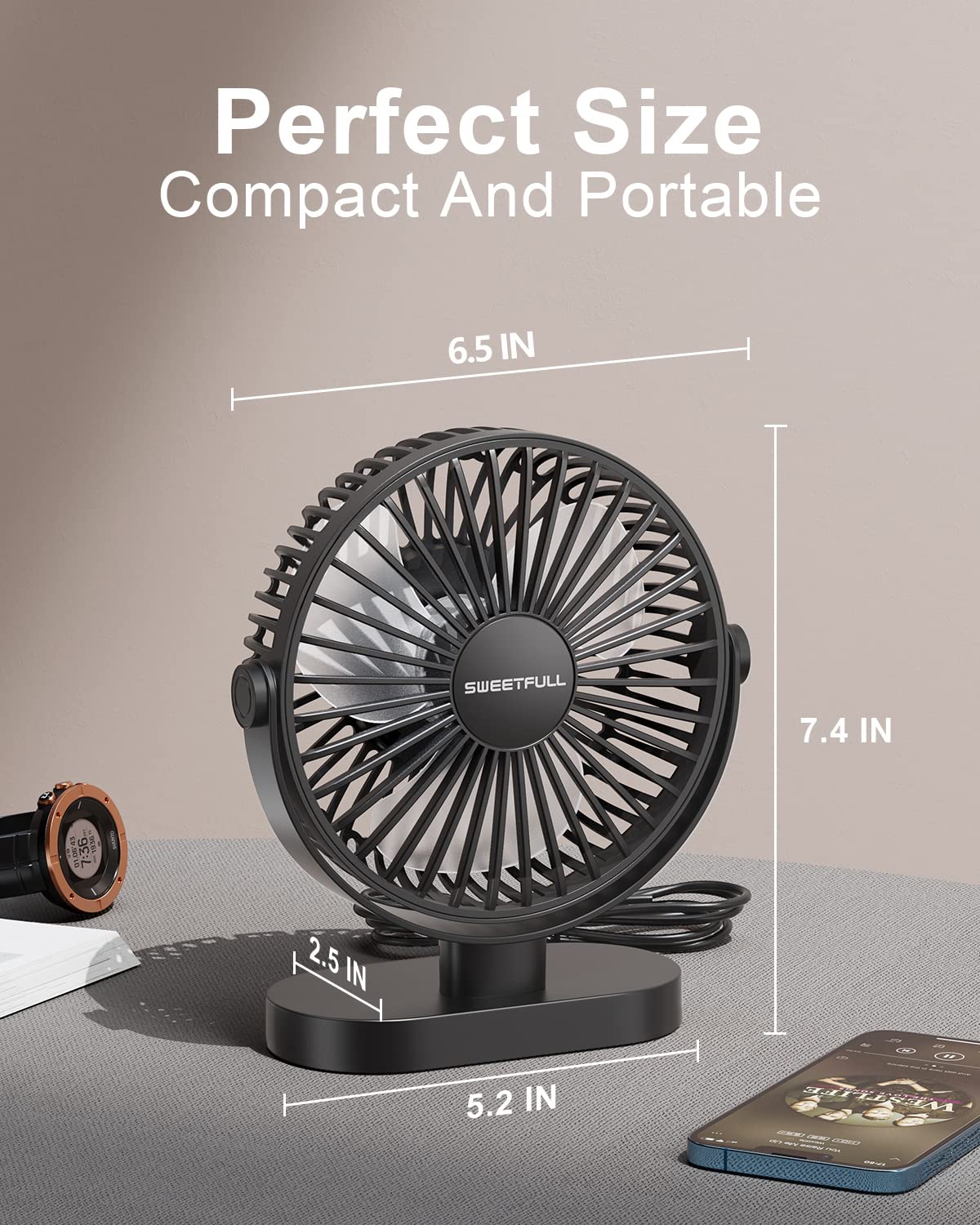 SWEETFULL USB Desk Fan Small Quiet - 3 Speeds Mini Personal Portable Fan 360° Rotation Adjustable, 6 Inch Office Table Cooling Gadgets on Desktop (Black)