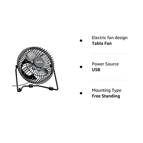 xasla 4 Inch Small USB Desk Fan, Mini Quiet Fan with Metal Construction & Strong Airflow & 360°Adjustable Tilt Angle, Personal Cooling Fan for Desktop Office (Black)…