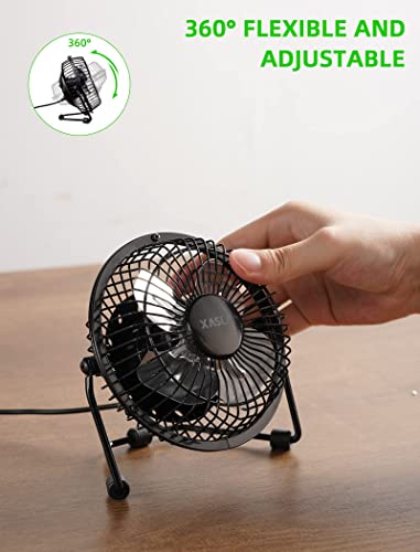 xasla 4 Inch Small USB Desk Fan, Mini Quiet Fan with Metal Construction & Strong Airflow & 360°Adjustable Tilt Angle, Personal Cooling Fan for Desktop Office (Black)…