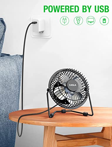 xasla 4 Inch Small USB Desk Fan, Mini Quiet Fan with Metal Construction & Strong Airflow & 360°Adjustable Tilt Angle, Personal Cooling Fan for Desktop Office (Black)…