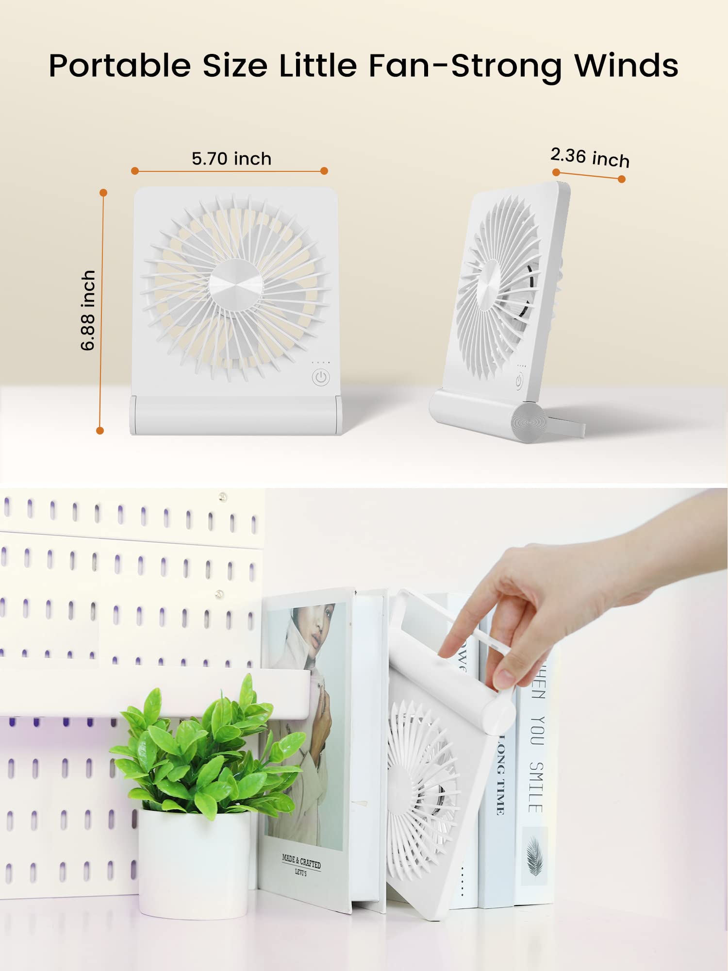 FERRISA Desk Fan On-The-Go, Small But Powerful, Portable Fan Battery Operated, 220° Tilt Folding Ultra Quiet mini Personal Fan, Strong Wind, 3 Speed Adjustable For Office Desktop Travel (White)