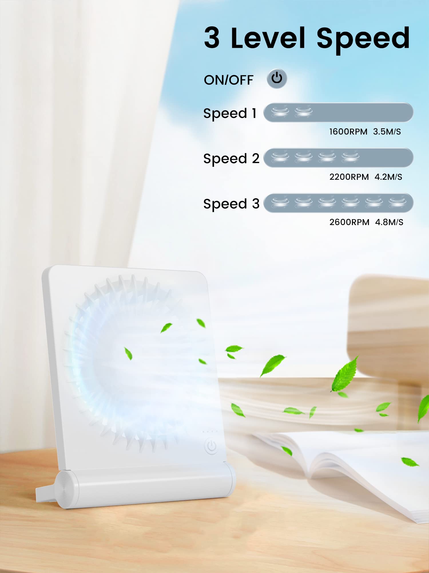 FERRISA Desk Fan On-The-Go, Small But Powerful, Portable Fan Battery Operated, 220° Tilt Folding Ultra Quiet mini Personal Fan, Strong Wind, 3 Speed Adjustable For Office Desktop Travel (White)