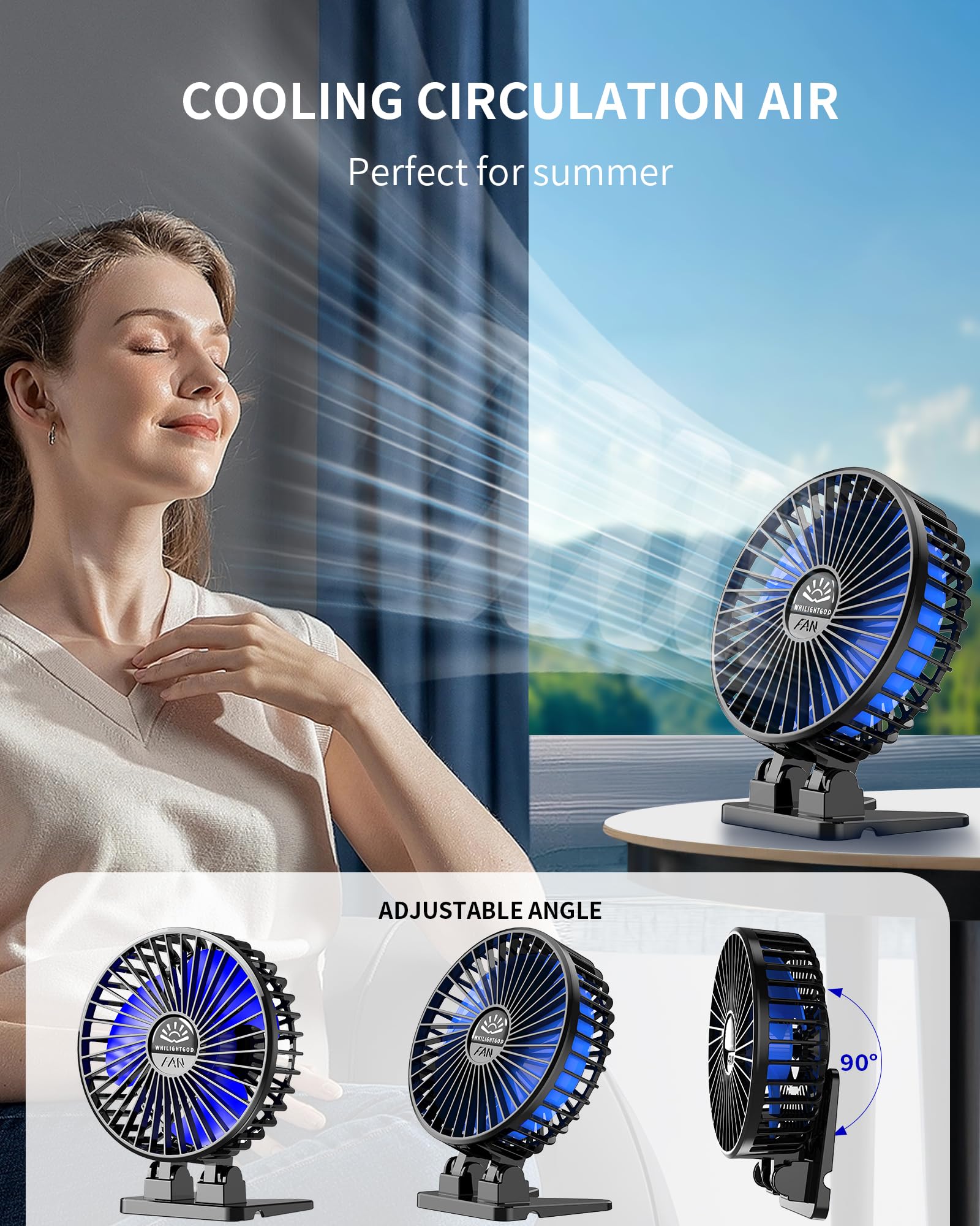 Desk Fan, USB Fan for Desk, Mini Desk Fan, 3 Speed Rotation Strong Wind, Protable Small Desktop Cooling Fan, Quite Mini Personal Fan for Home Office Table Bedroom Travel Curise(Black Blue)