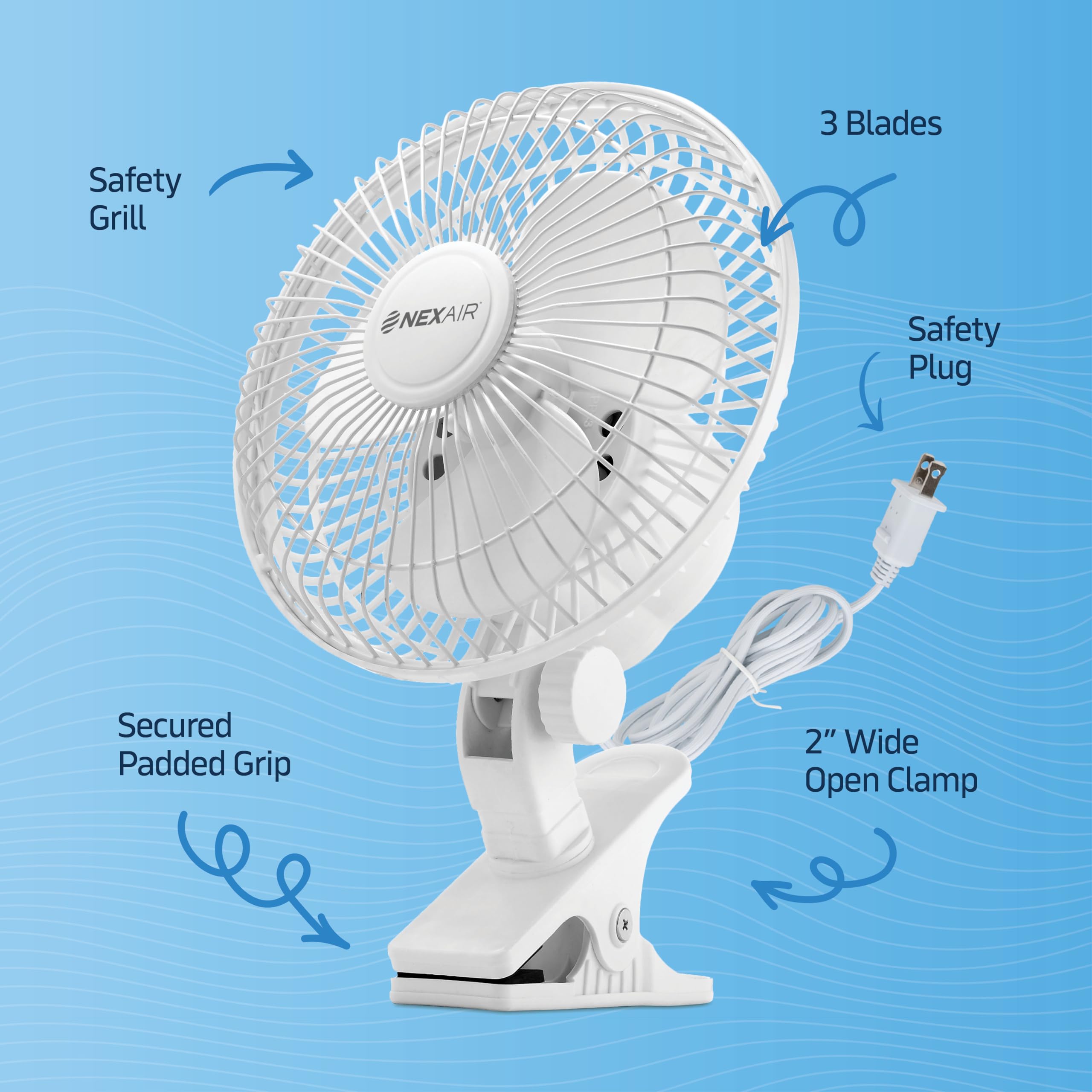 NEXAIR 6-Inch Clip on Fan,360 Degree Rotation,Two Speed Portable Clip Fan With Strong Clamp Grip,Quiet Operating Desk Fan Made Of Durable Material,Great For Bedroom,Office,Living Room NF001-WH-Q