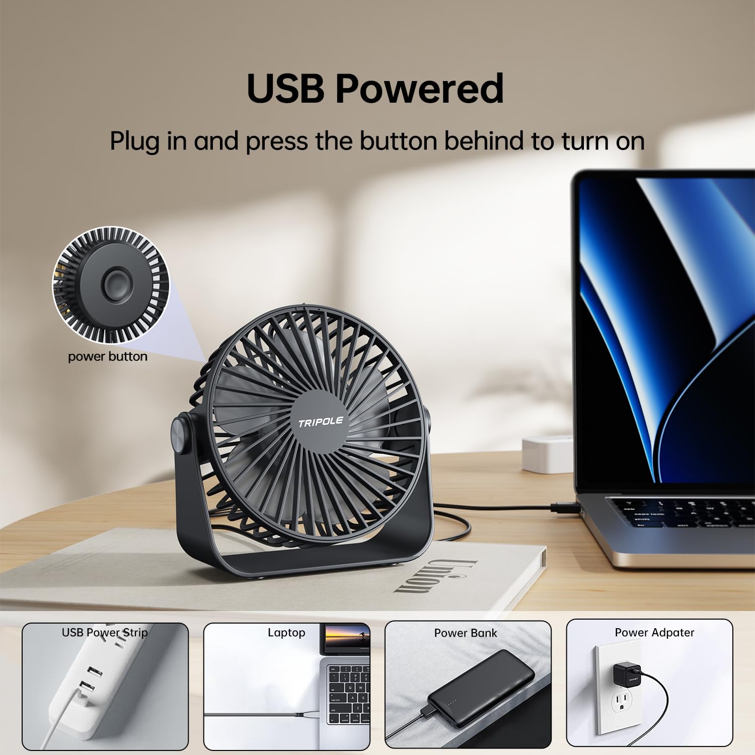 TriPole USB Desk Fan Mini Portable Fan with Strong Airflow Small Table Fan 3 speeds 360°Rotatable Personal Fan for Desktop Home Office Bedroom Camping Outdoor,5.1Inch,4.9ft cable