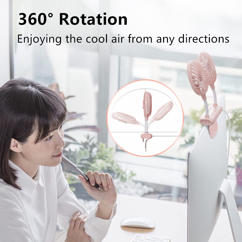 THRRLY Desktop Fan, Monitor Clip on Fan with 2 Fan Heads, 3 Speeds Office Desk fan USB Powered Cooling Fan with Sturdy Adjustable Clamp, Strong Wind Quiet Personal USB Small Fan for Laptops, Desktop.