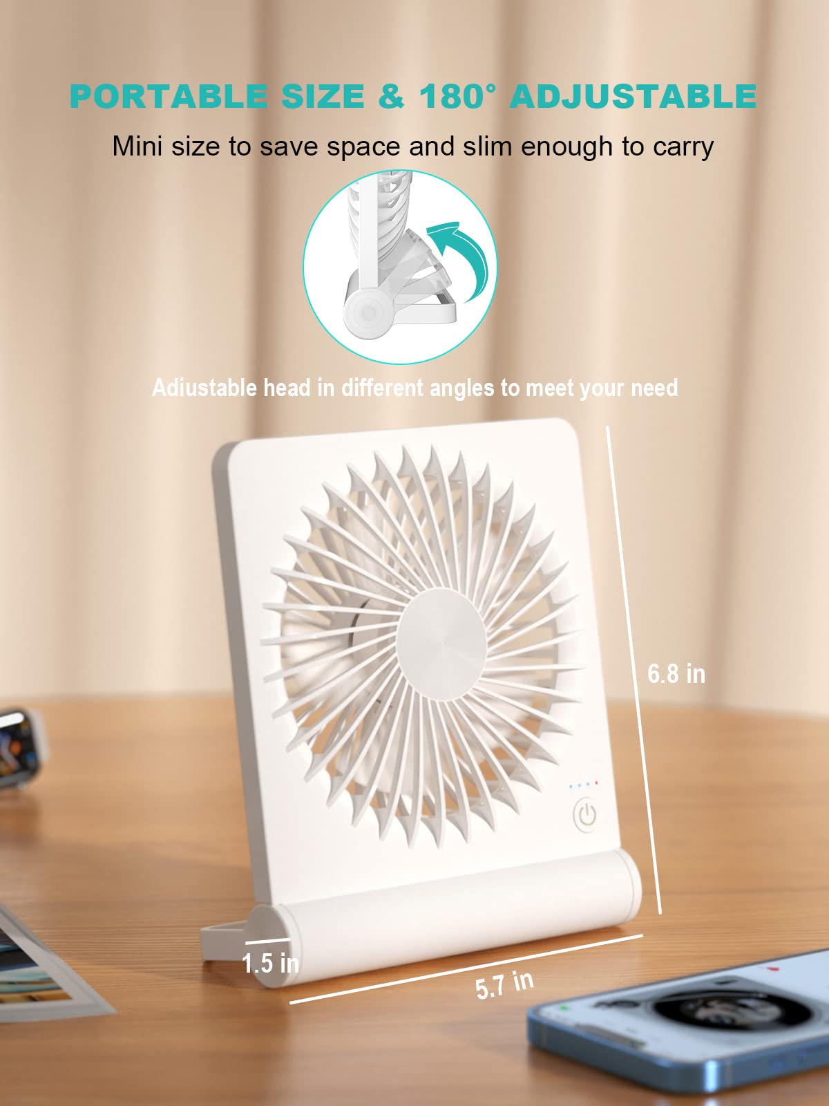 Tevelecin Small Desk Fan, 2000mAh Rechargeable USB Fan Battery Operated,Ultra Quiet, Strong Wind, 3 Speeds Travel Fan