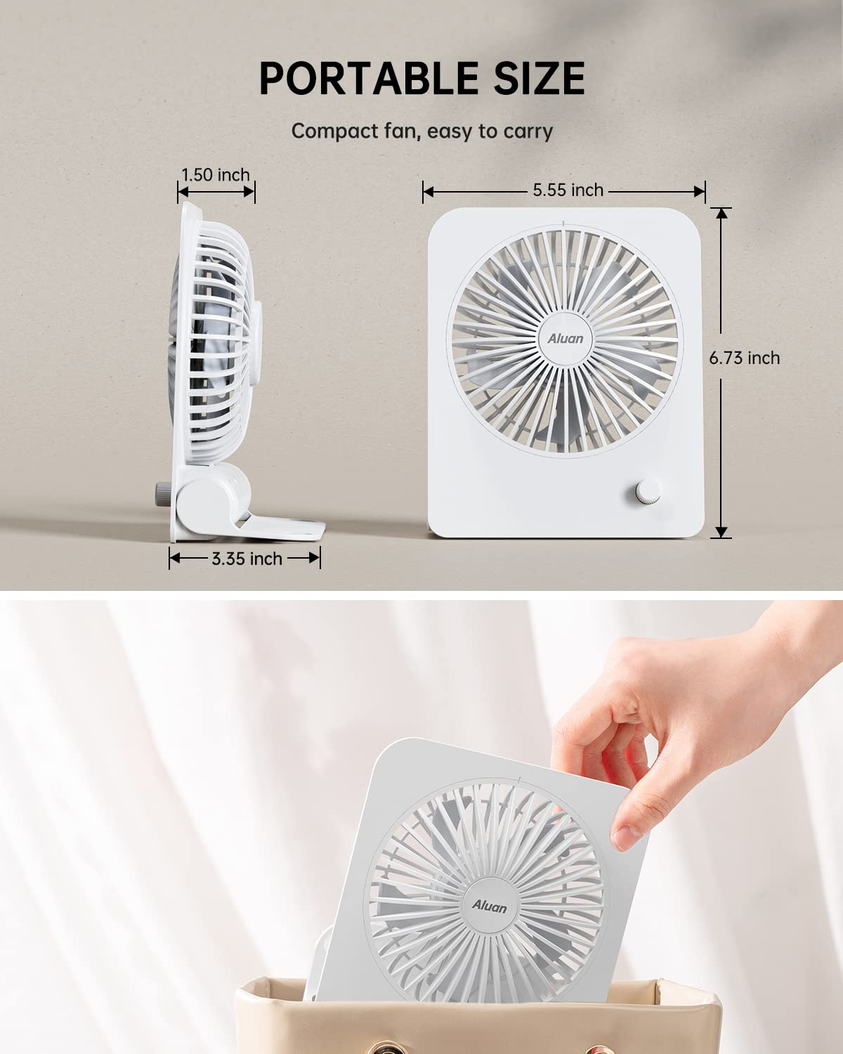 Aluan Desk Fan Small Quiet Portable Desktop Fan 4800mAh Rechargeable Battery Operated 180° Foldable Stand Personal Table Fan Strong Wind Stepless Speed Cooling USB Fan for Home Office Travel, White