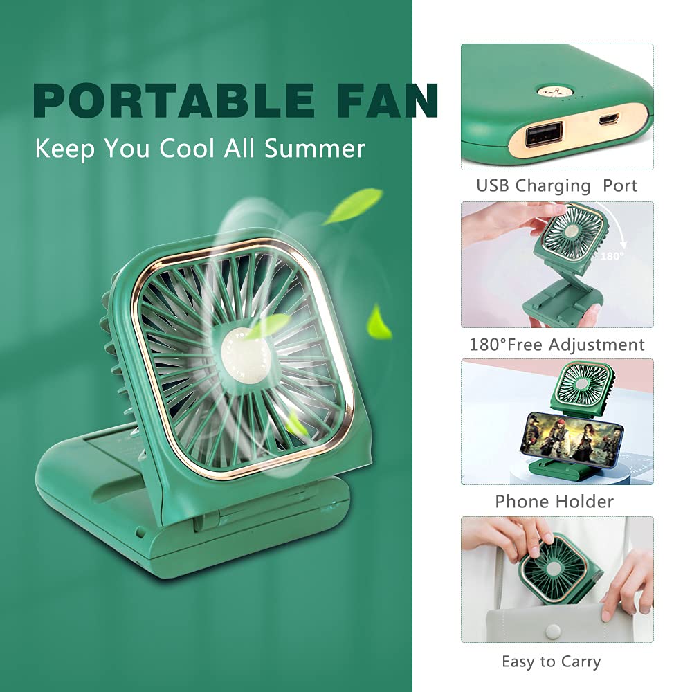 Portable Mini Fan Small Battery Operated Fan 5 in 1 as Power Bank,Phone Holder,Handheld Fan,Desk Fan, USB Rechargeable Personal Hand Fans,3000 mAh Power Bank,3 Speed Adjustable, Neck lanyard, Green