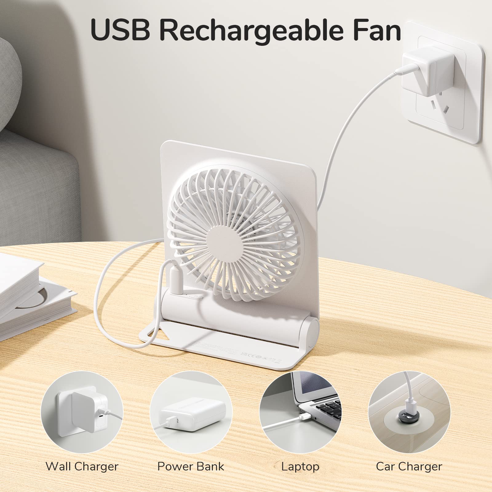 JISULIFE Small Desk Fan, Portable USB Rechargeable Fan, 160° Tilt Folding Personal Mini Fan with 4500mAh Battery, Strong Wind, Ultra Quiet, 4 Speed Modes for Office, Home, Camping - White