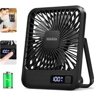 mikikin desk fan battery operated, portable usb rechargeable fan, 2000mah 180° tilt folding personal fan with power display, 5 speeds ultra quiet table fan for desktop, home, travel(black)