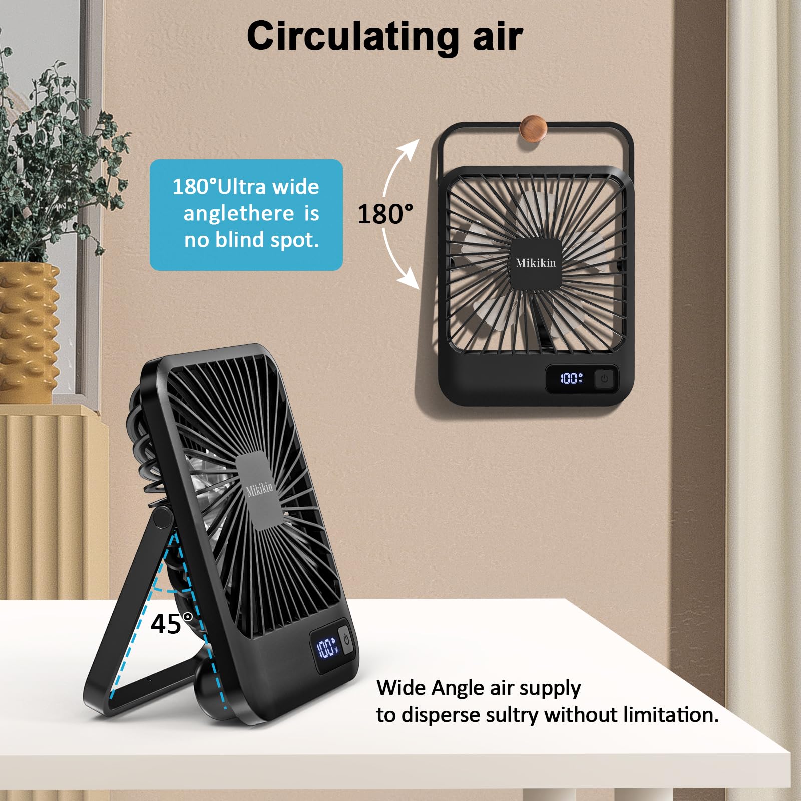 Mikikin Desk Fan Battery Operated, Portable USB Rechargeable Fan, 2000mAh 180° Tilt Folding Personal Fan With Power Display, 5 Speeds Ultra Quiet Table Fan for Desktop, Home, Travel(Black)