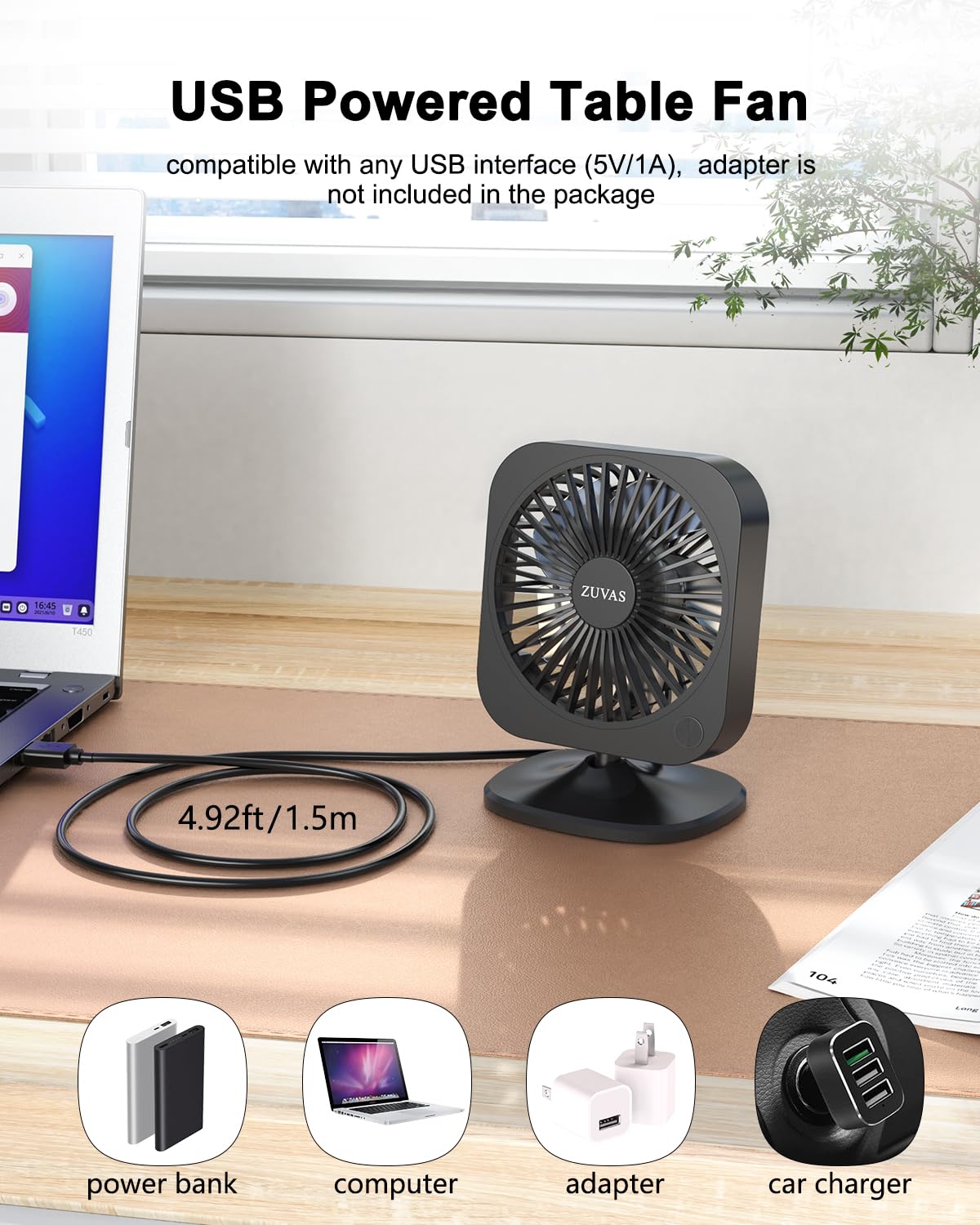 Zuvas Mini Desk Fan Small Powerful Personal Fan Strong Airflow USB Fan 3 Speed Adjustable Table Fan 70° Tilt Electric Portable Fan, for Indoor Outdoor Home Office Car Travel, 4 inch Black