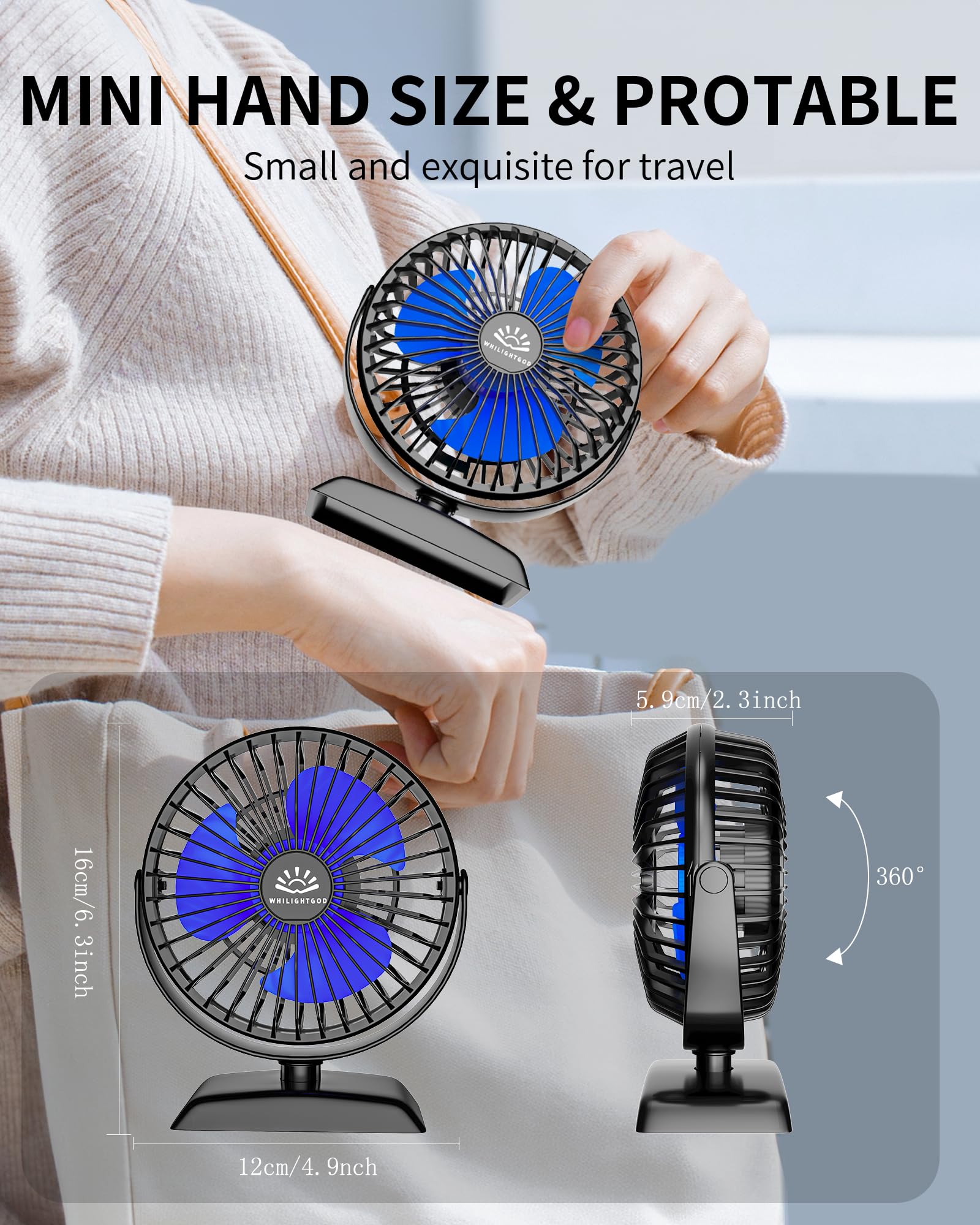 USB Desk Fan, Mini Fan but Powerful, Portable USB Fan with 3 Speeds, Quiet Table Personal Fan, 360°Rotate Coolness, Small Table Fan for Home,Office, Bedroom, Desktop,Travel, USB Powered, Black