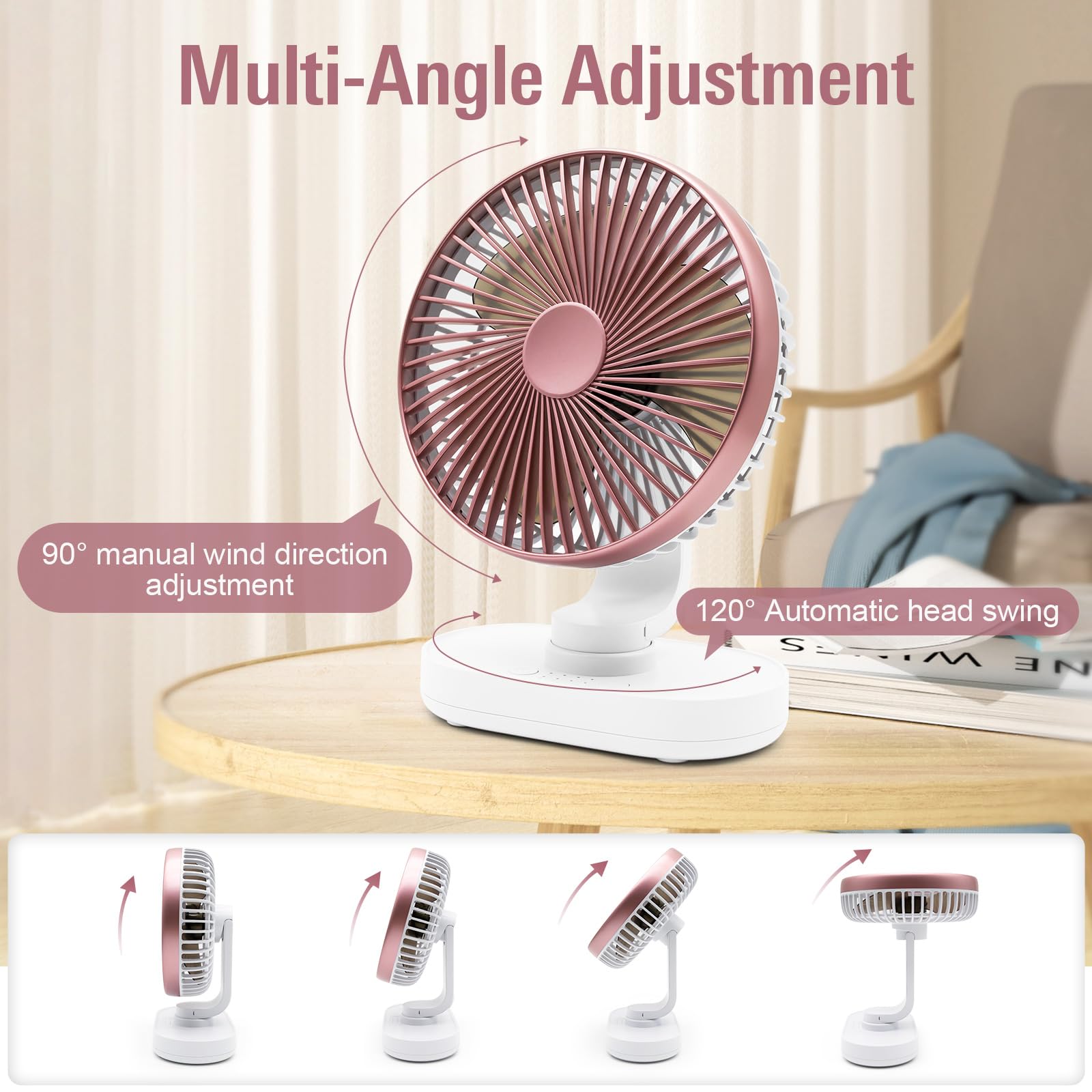 WIXBOSHU Oscillating Desk Fan,4000mAh Rechargeable Portable Desk Fan, 6.5 Inch Small Desk Fan,4 Speeds Wind Quiet Fan Personal Fan,Small Fan for Desk,Usb Desk Fan for Outdoor,Home,Office,Bedroom