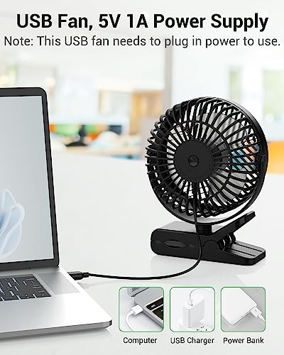 GEHEN 3-Speed Clip-On Fan with Sturdy Clamp & Strong Airflow, USB-Powered for Easy Cooling, Ultra-Quiet Operation Ideal for Bedroom, Office, & Stroller Use